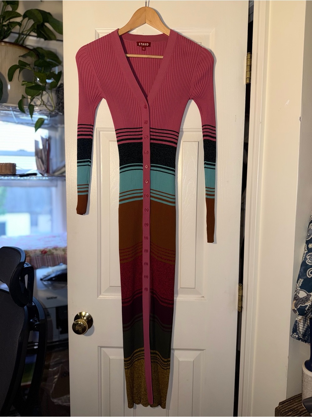 STAUD Ribbed Button-Front Maxi Dress in Pink, Black, Teal, Brown, Gold. XS